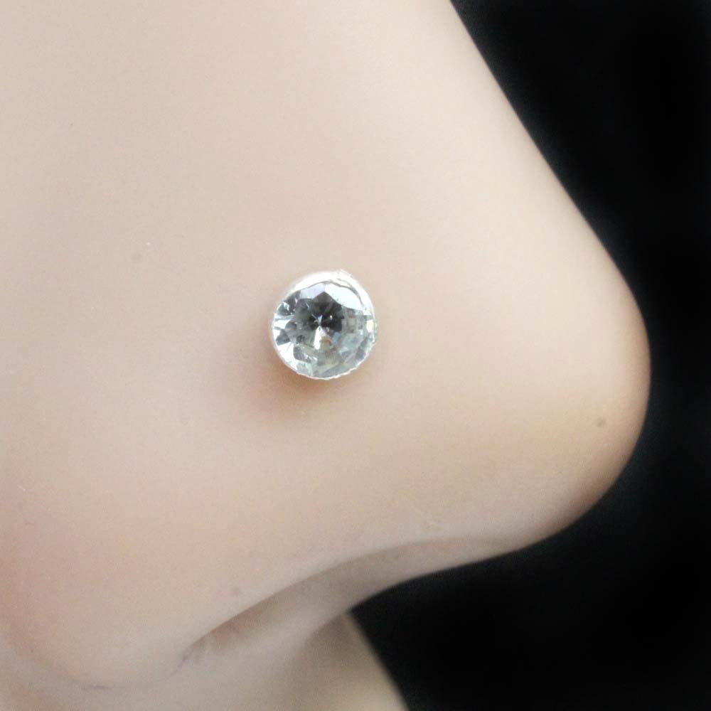 925 Real Silver Floral Nose Stud White Round CZ Corkscrew nose ring L Bend