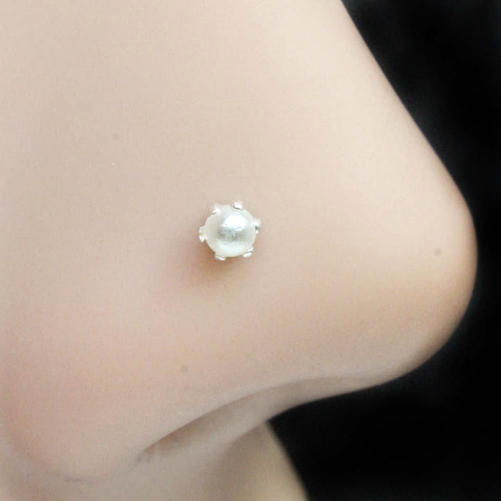 925 Real Silver Pearl Floral Nose Stud Corkscrew nose ring L Bend 24g
