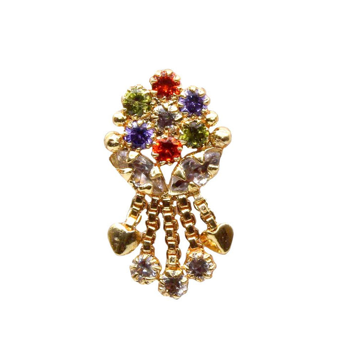 Traditional Flower Gold Plated Indian Dangle Nose ring Multicolor CZ Twisted