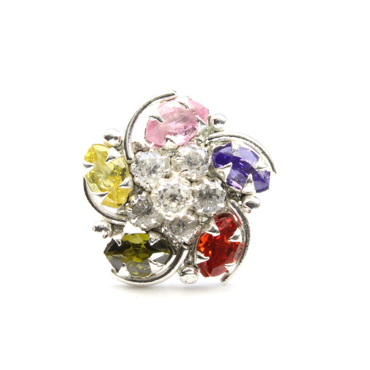 Floral Wheel Style 925 Sterling Silver Multi-color CZ Nose ring Push Pin