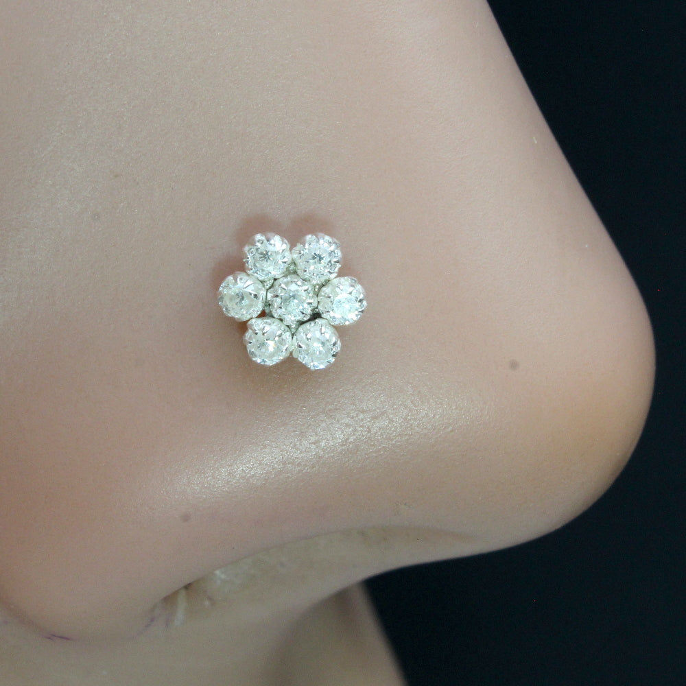 Tiny Flower 925 Sterling Silver White CZ Indian Style Nose ring Push Pin
