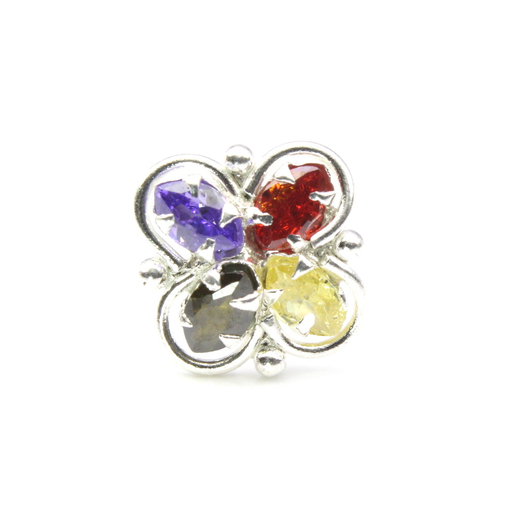 Floral Square Style 925 Sterling Silver Multi-color CZ Nose ring Push Pin