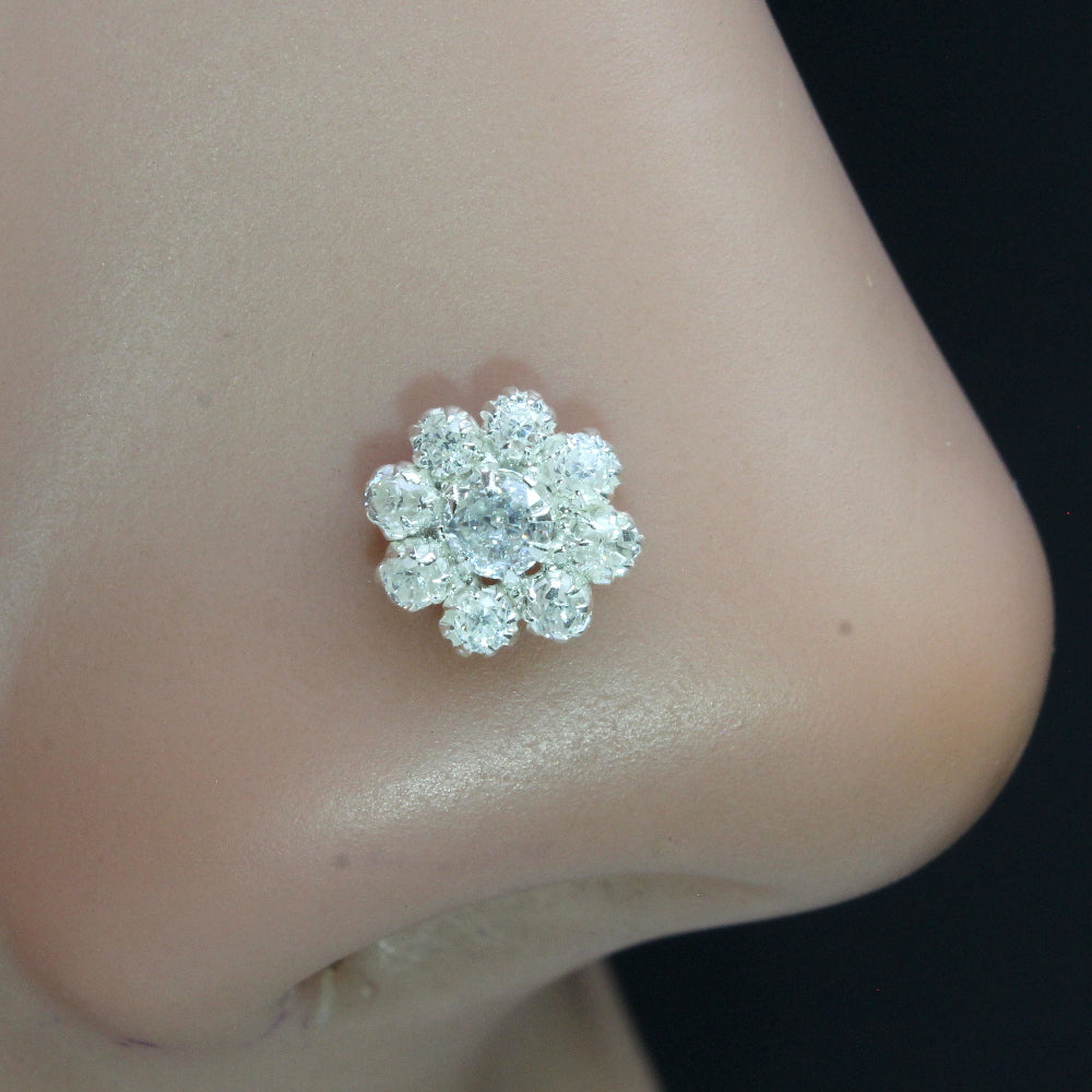 Medusa Floral Real 925 Sterling Silver White CZ Indian Style Nose ring Push Pin