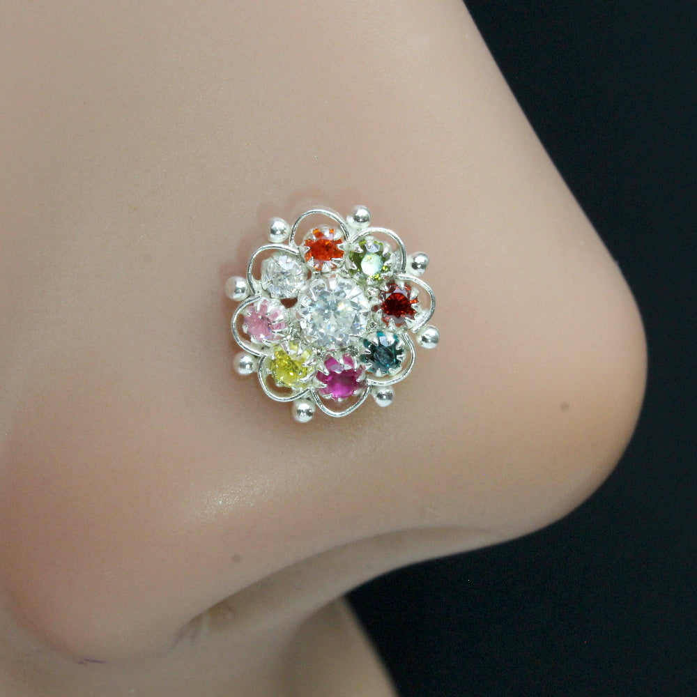 Beautiful Floral Real Sterling Silver Multi-color CZ Nose ring Push Pin