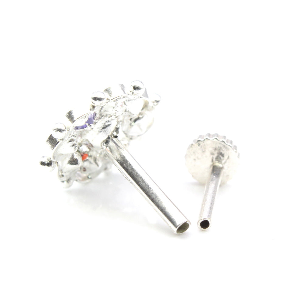 Beautiful Floral Real Sterling Silver Multi-color CZ Nose ring Push Pin