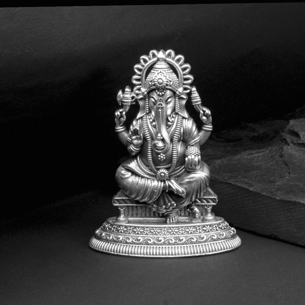 2D Solid 925 Sterling Silver Oxidized Ganesha Statue religious Diwali gift