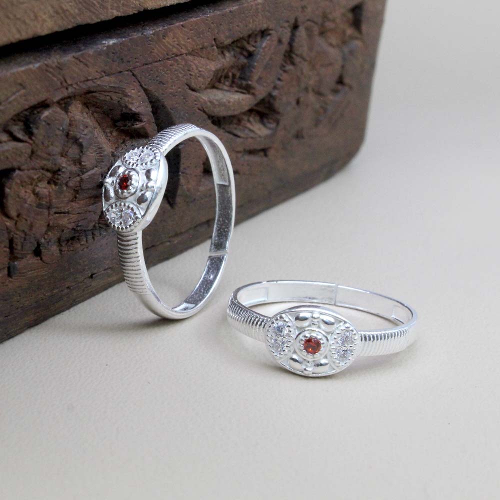 Real 925 Silver Cute Indian Style Handmade Women Red White CZ Toe Ring Pair