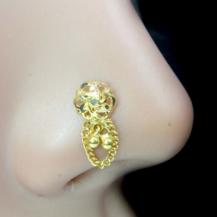 14k Solid Gold Beautiful Indian Women Dangle Chain Style Nose Stud Pin