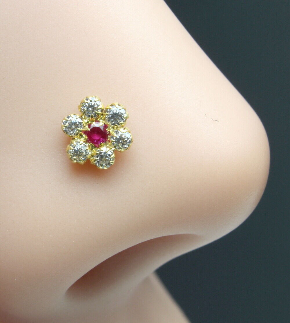 Floral Style Real Gold Pink White CZ Nose Stud Nose Pin 14k Yellow Gold
