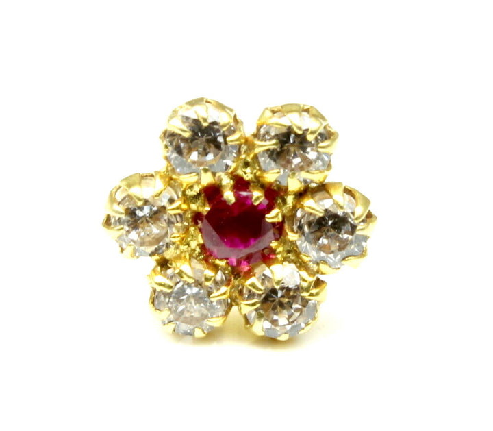 Floral Style Real Gold Pink White CZ Nose Stud Nose Pin 14k Yellow Gold