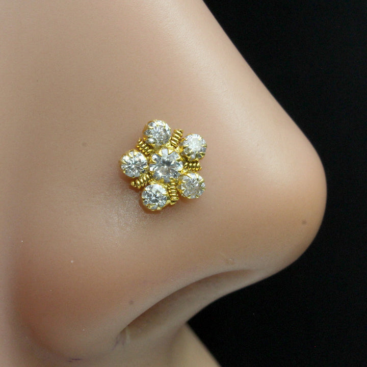 Real Gold Nose stud 14K White CZ Indian Cute nose ring Push Pin