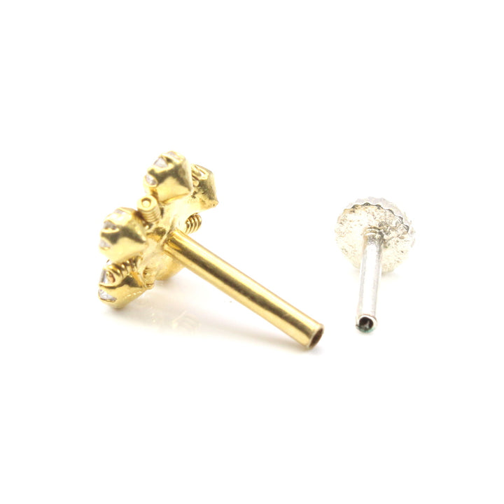 Real Gold Nose stud 14K White CZ Indian Cute nose ring Push Pin