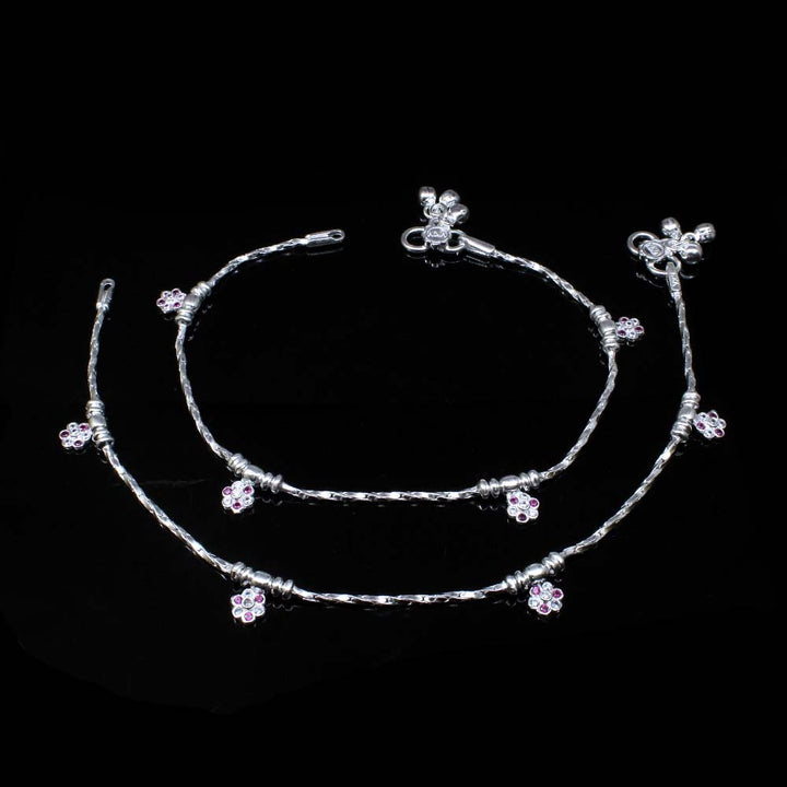 Beautiful Real Silver Indian Pink White CZ Anklets Ankle Bracelet Pair 10.2"