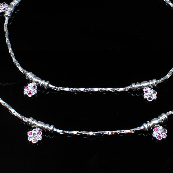 Beautiful Real Silver Indian Pink White CZ Anklets Ankle Bracelet Pair 10.2"