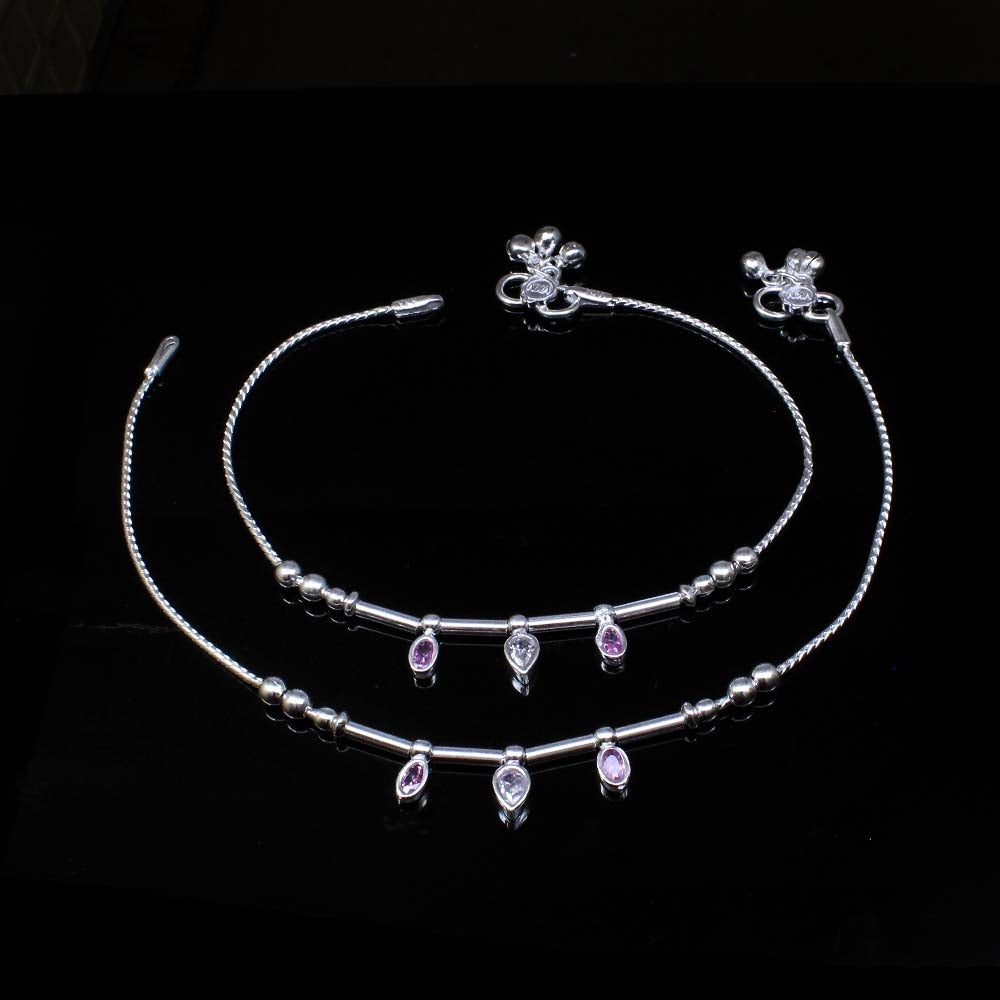 Sterling Silver Indian Pink White CZ Anklets Ankle Pair 10.3"