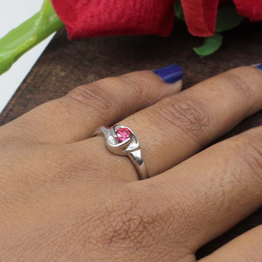 Lovely Heart Shape Indian 925 Solid Silver Ring Pink CZ Studded Platinum Finish
