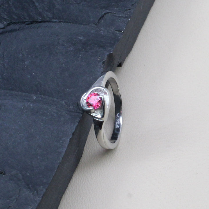 Lovely Heart Shape Indian 925 Solid Silver Ring Pink CZ Studded Platinum Finish