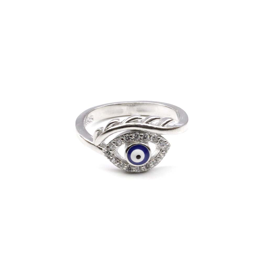 Evil Eye Style 925 Solid Silver Ring White CZ Studded Platinum Finish