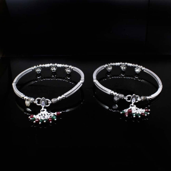 Real Oxidized Silver Indian White CZ Kada Anklets Pair- 8cm