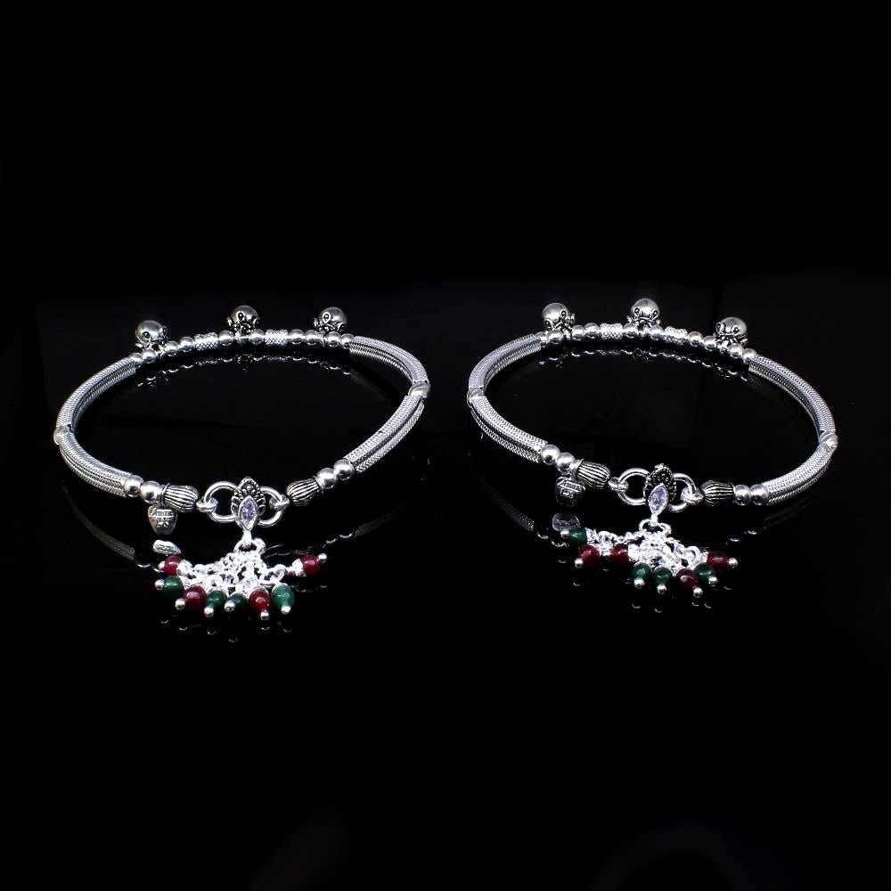 Real Oxidized Silver Indian White CZ Kada Anklets Pair- 8cm