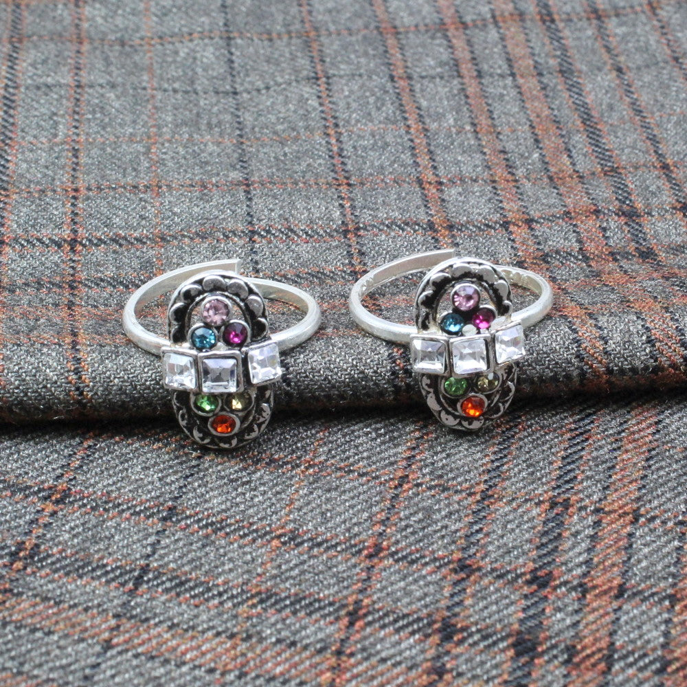 Indian Wedding Handmade Crystal Enamel Toe Rings Pair Real Solid Silver for girl