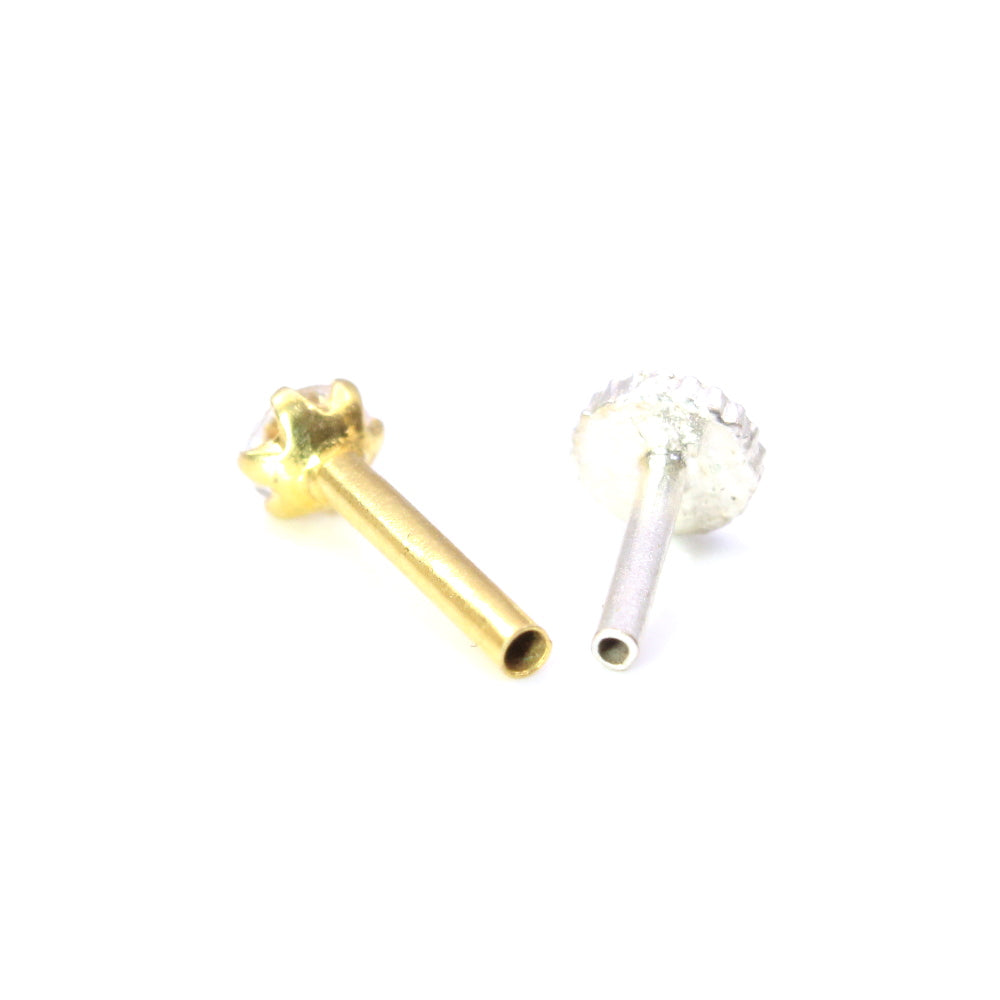 Tiny Indian White CZ Nose Stud Nose Pin Solid 14k Yellow Gold