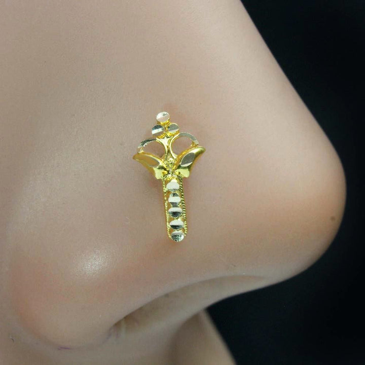 Cute Vertical Style 14K Real Gold Nose Stud Indian Piercing Push pin Nose stud