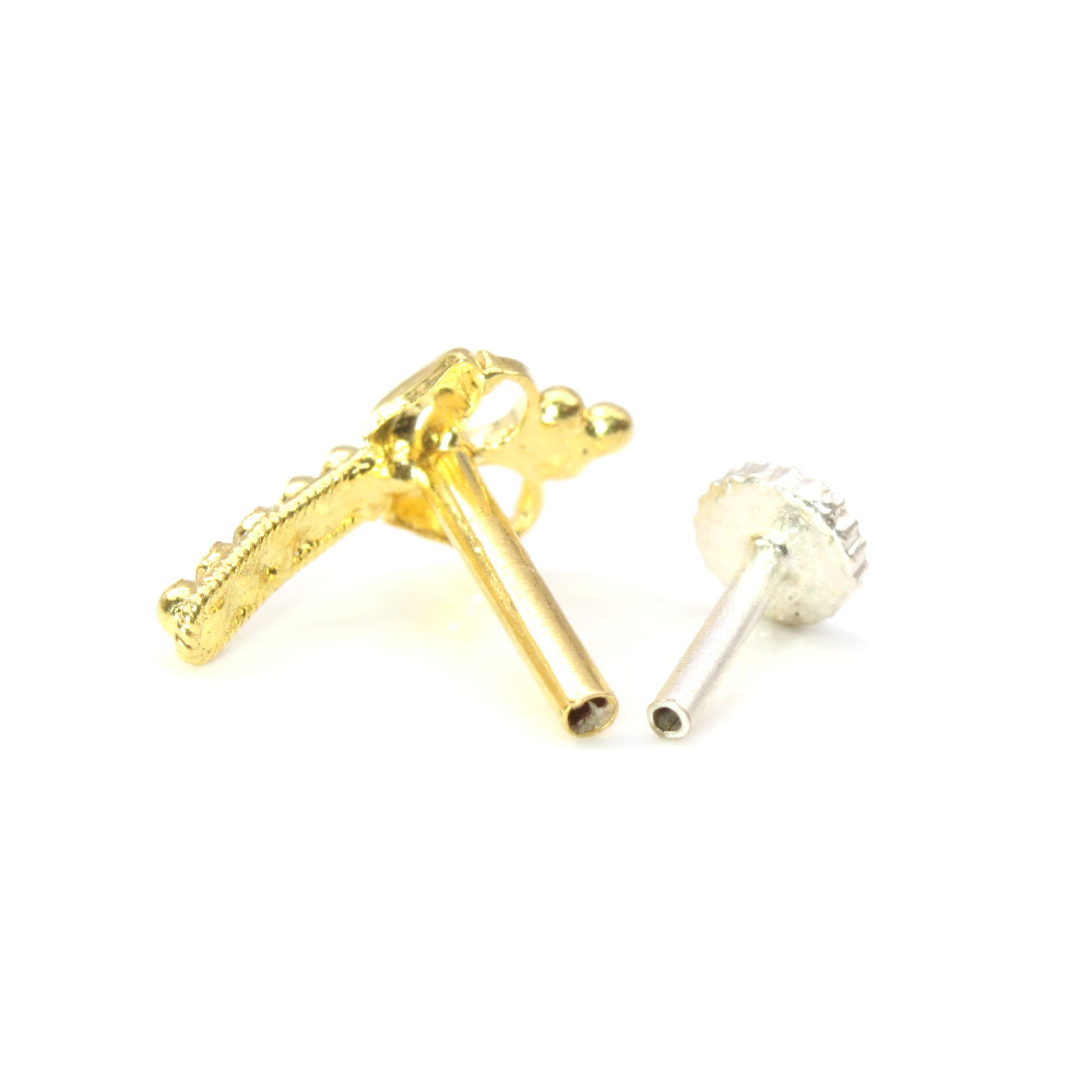 Cute Vertical Style 14K Real Gold Nose Stud Indian Piercing Push pin Nose stud