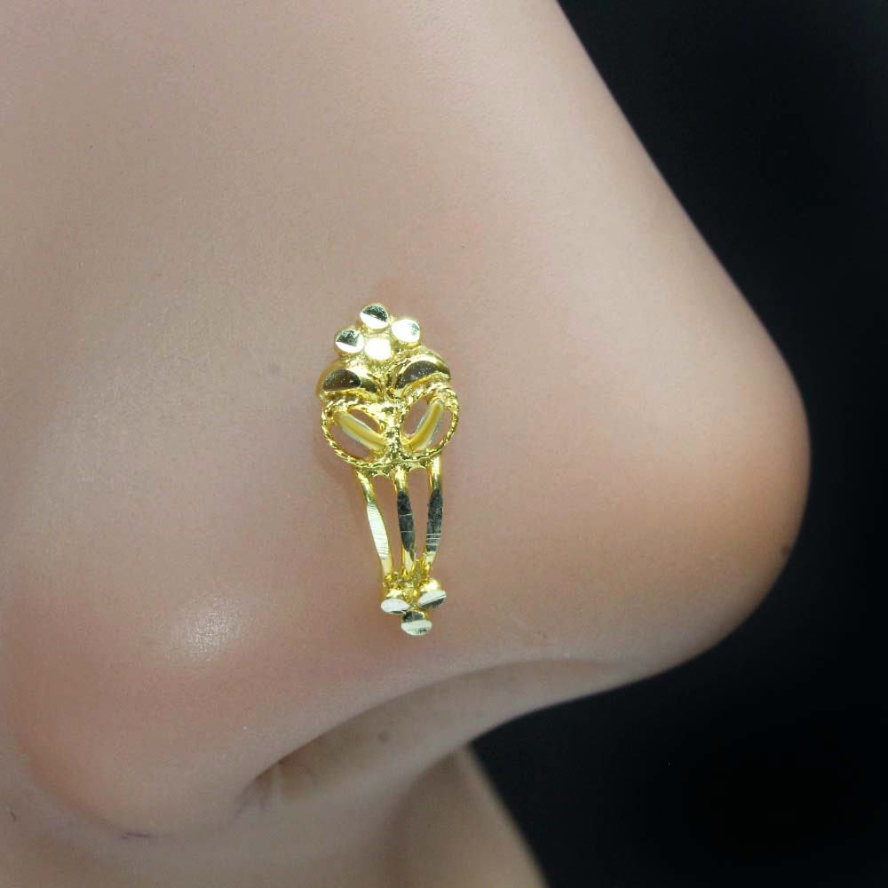 14K Pure Gold Cute Vertical Style Indian Women Style Piercing Push pin Nose stud