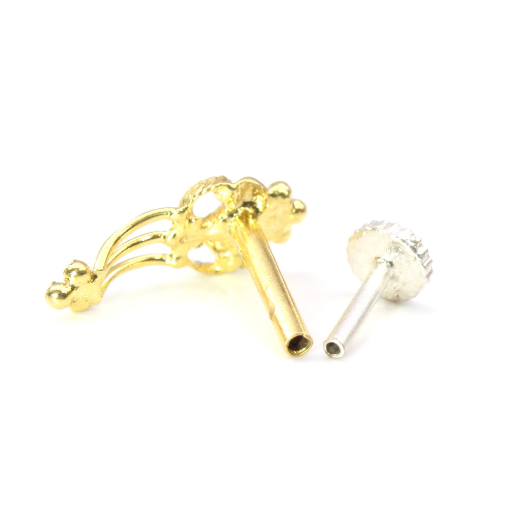 14K Pure Gold Cute Vertical Style Indian Women Style Piercing Push pin Nose stud