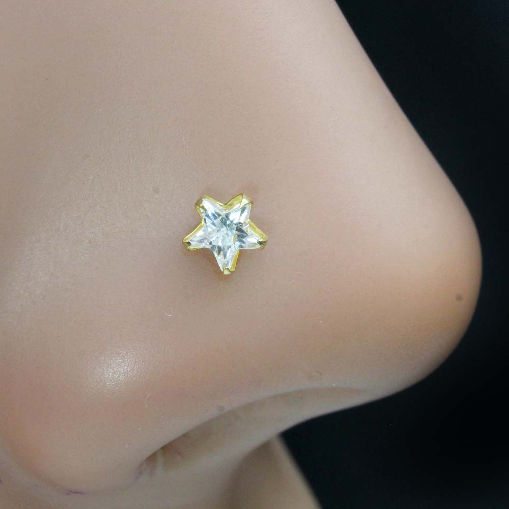 Real Gold Nose stud White CZ 14K Ethnic Indian Piercing Screw Nose stud