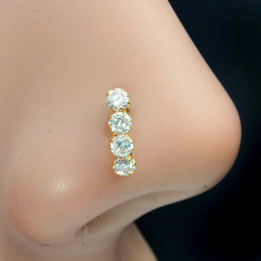 Indian Style CZ Studded Body Piercing Jewelry Nose Stud Pin Solid Real 14k Yellow Gold