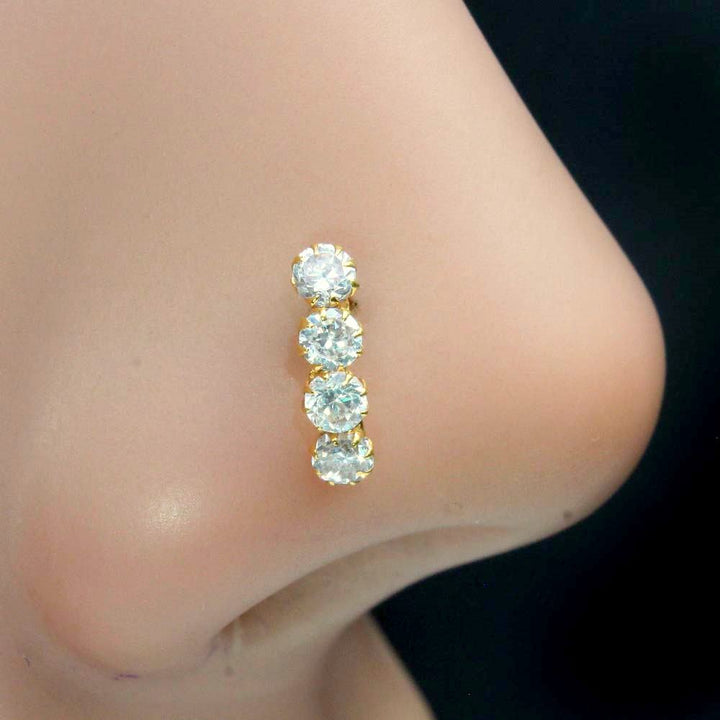 Vertical Style 4 Stone White CZ 14k Real Gold Indian nose ring Push Pin