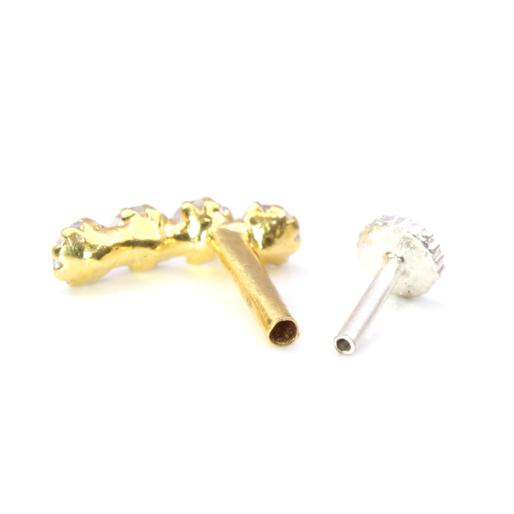 Indian Style CZ Studded Body Piercing Jewelry Nose Stud Pin Solid Real 14k Yellow Gold