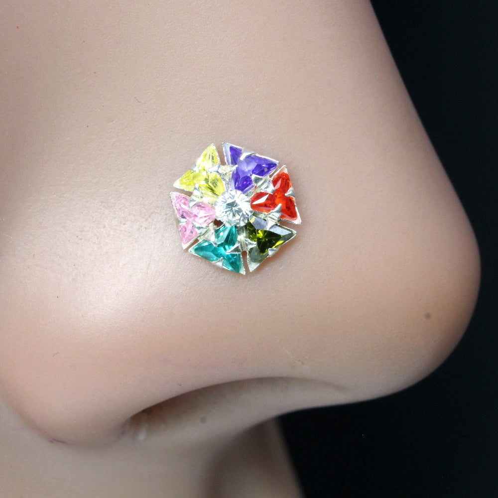 Beautiful 925 Indian Solid Silver Multicolor CZ Studded Nose ring Push Pin