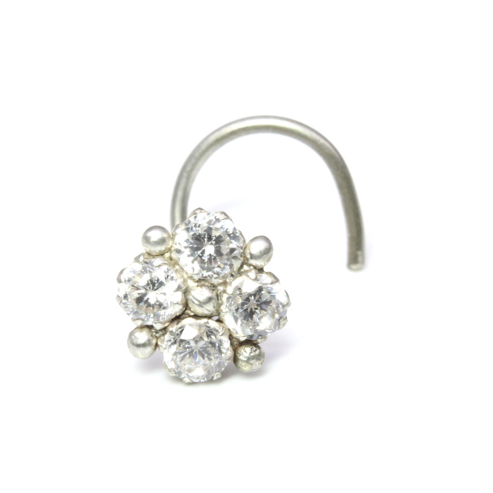 925 Silver Twist Nose Stud White CZ Studded Square Style nose ring 22g