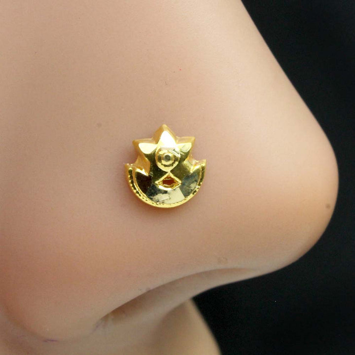 14K Real Gold Moon Star Style Nose Stud Indian Push Pin Nose Ring