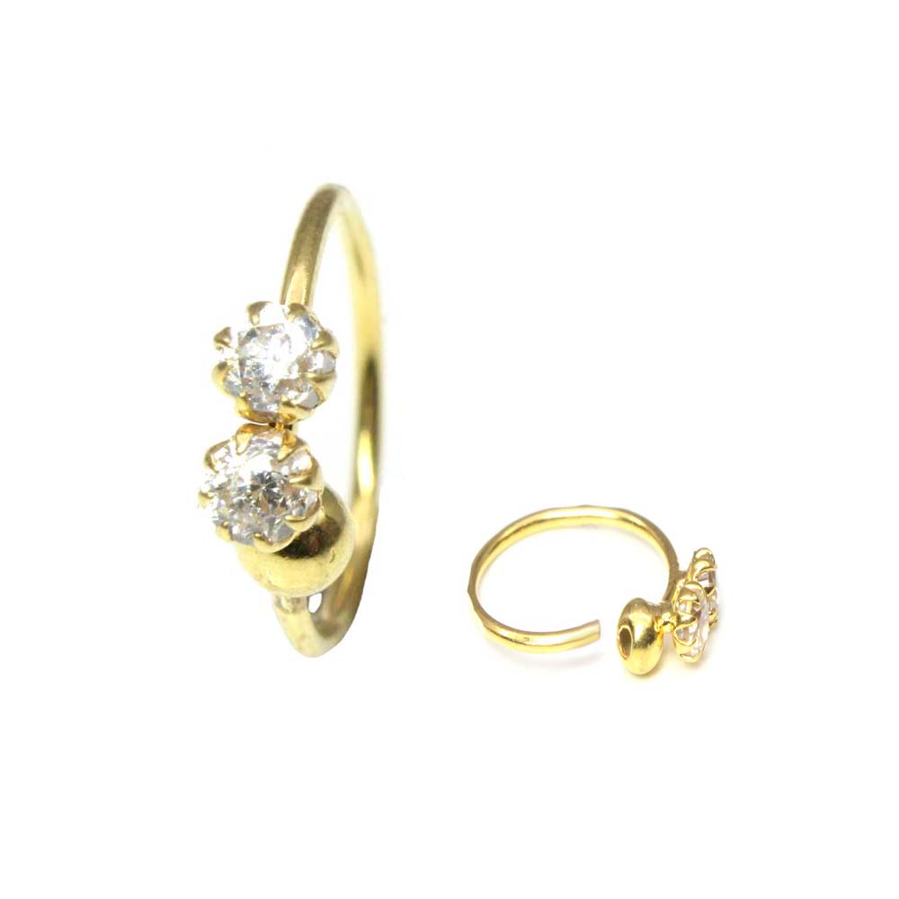 Graceful 2 Stone White CZ Studded Nose Hoop Ring 18k Real Yellow Gold