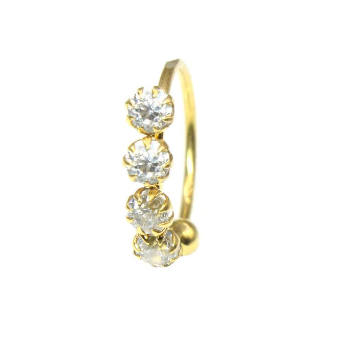Charming 4 Stone White CZ Studded Nose Hoop Ring 18k Real Yellow Gold
