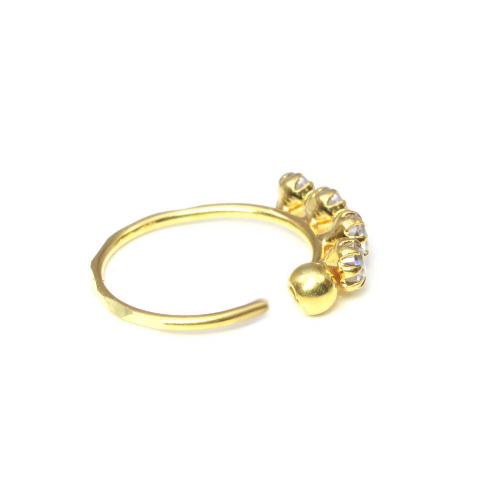 Charming 4 Stone White CZ Studded Nose Hoop Ring 18k Real Yellow Gold