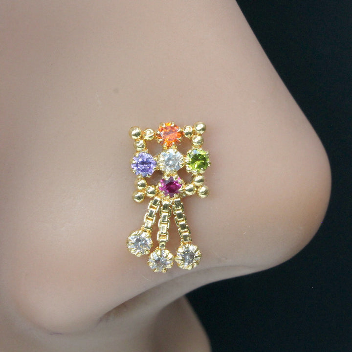 Traditional Style Clear Multicolor Dangle Gold Plated Nose Stud CZ Push Pin