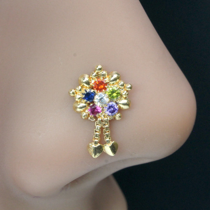 Beautiful Dangle Multicolor CZ Gold Plated Ethnic Indian Nose Stud CZ Push Pin