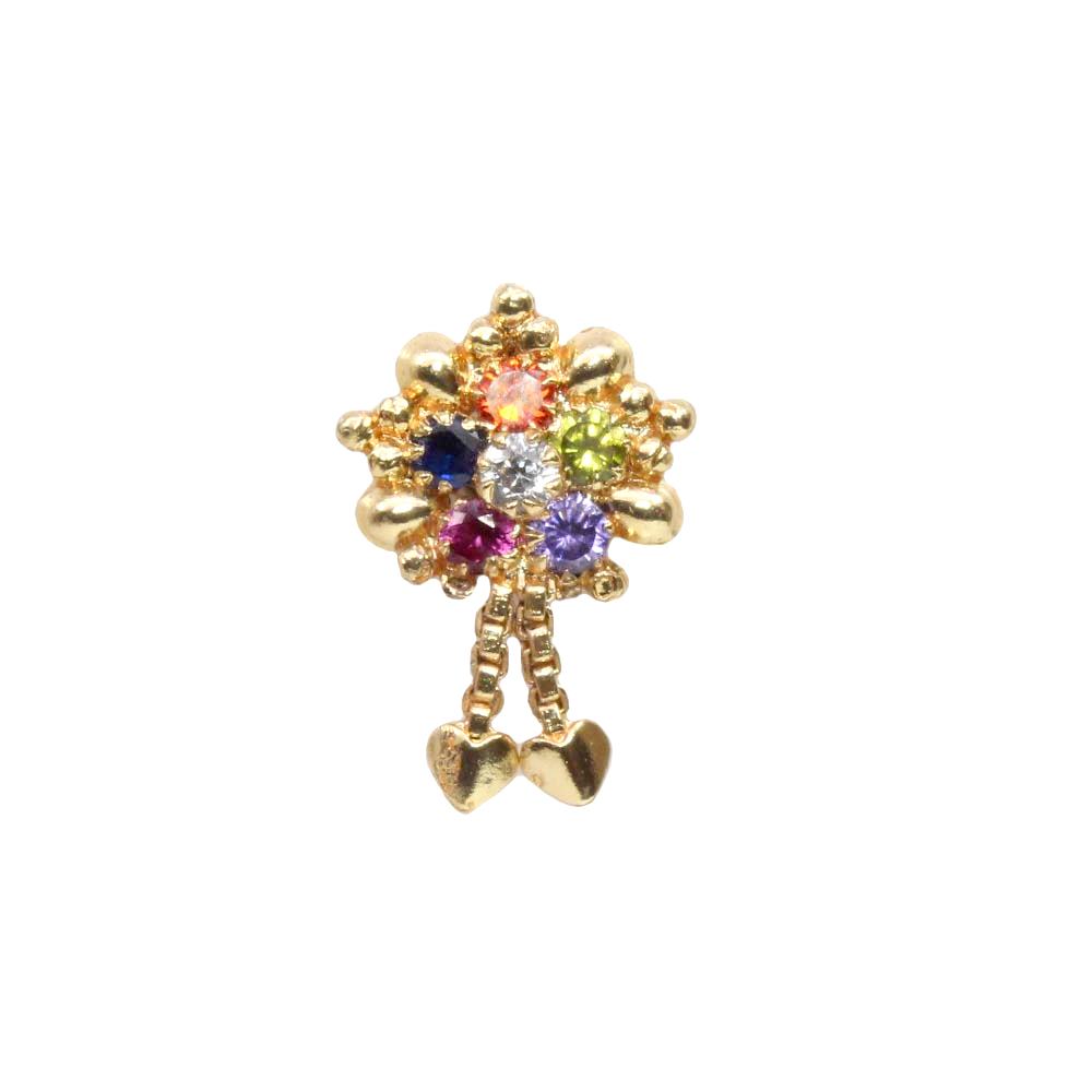 Beautiful Dangle Multicolor CZ Gold Plated Ethnic Indian Nose Stud CZ Push Pin