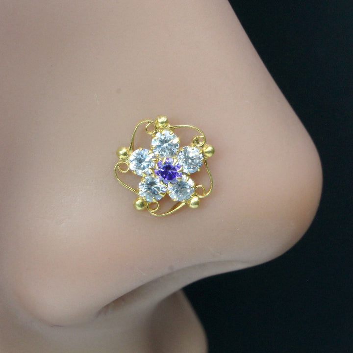 Indian Nose ring Blue White CZ studded gold plated Piercing Nose stud push pin