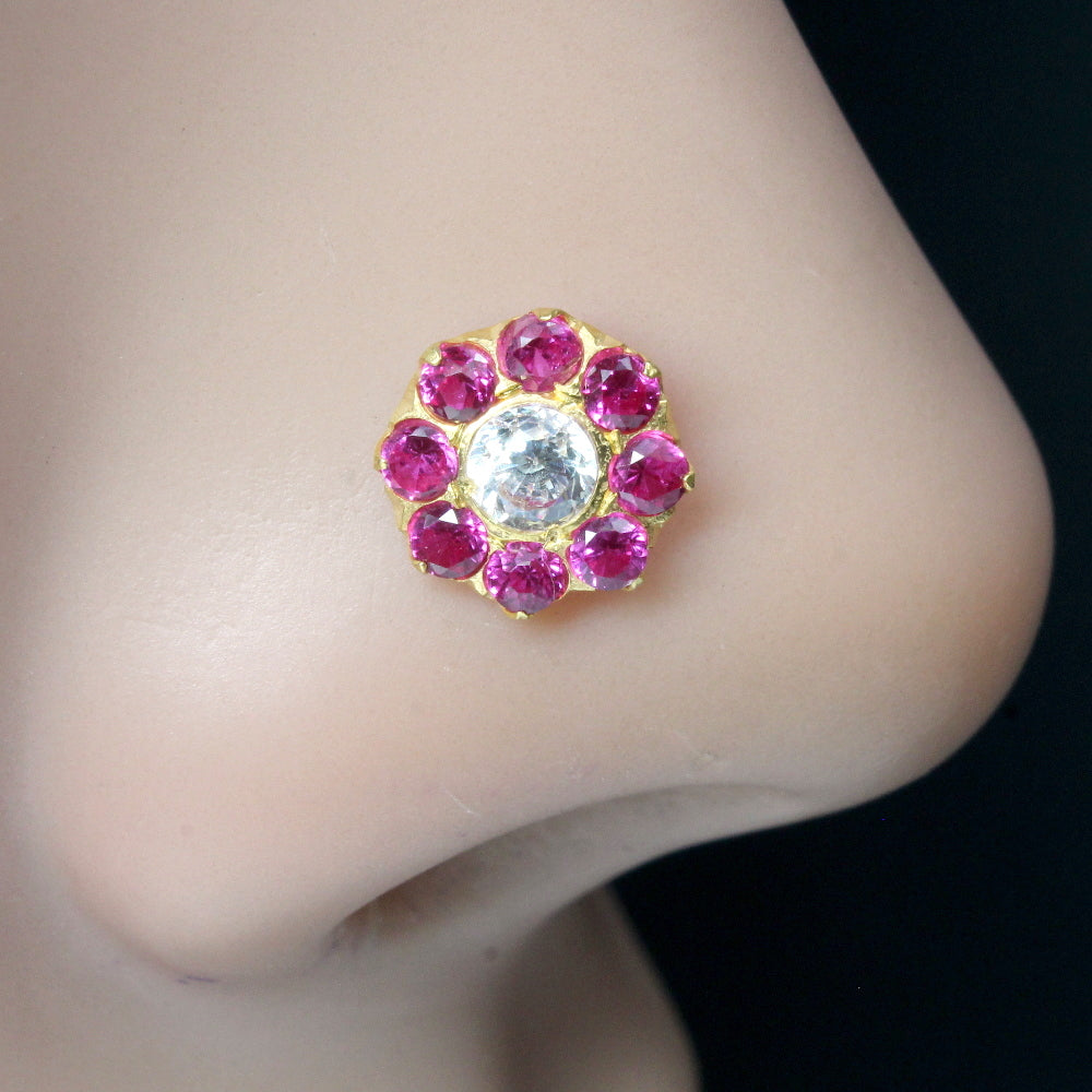 Beautiful Flower 14K Pure Gold Pink White CZ Indian Style Nose Stud Nose Pin