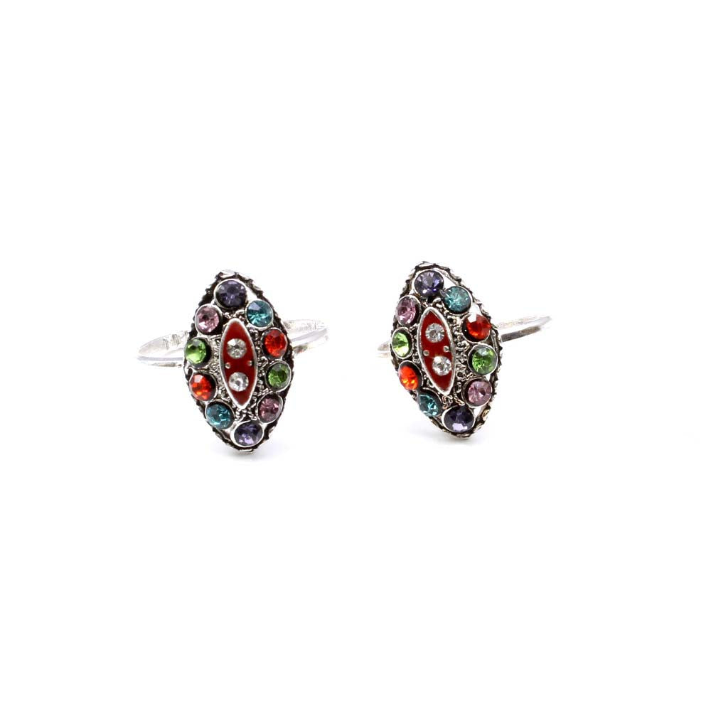 Indian Style Handmade Crystal Enamel Toe Rings Pair Real Solid Silver for women