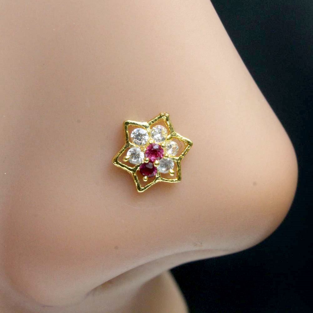 Indian Star Flower Style Nose ring Pink White CZ Twisted piercing nose ring 22g