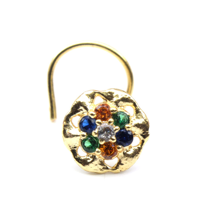 Beautiful Round Flower Indian Nose ring Multicolor CZ Twisted nose ring 22g - QD