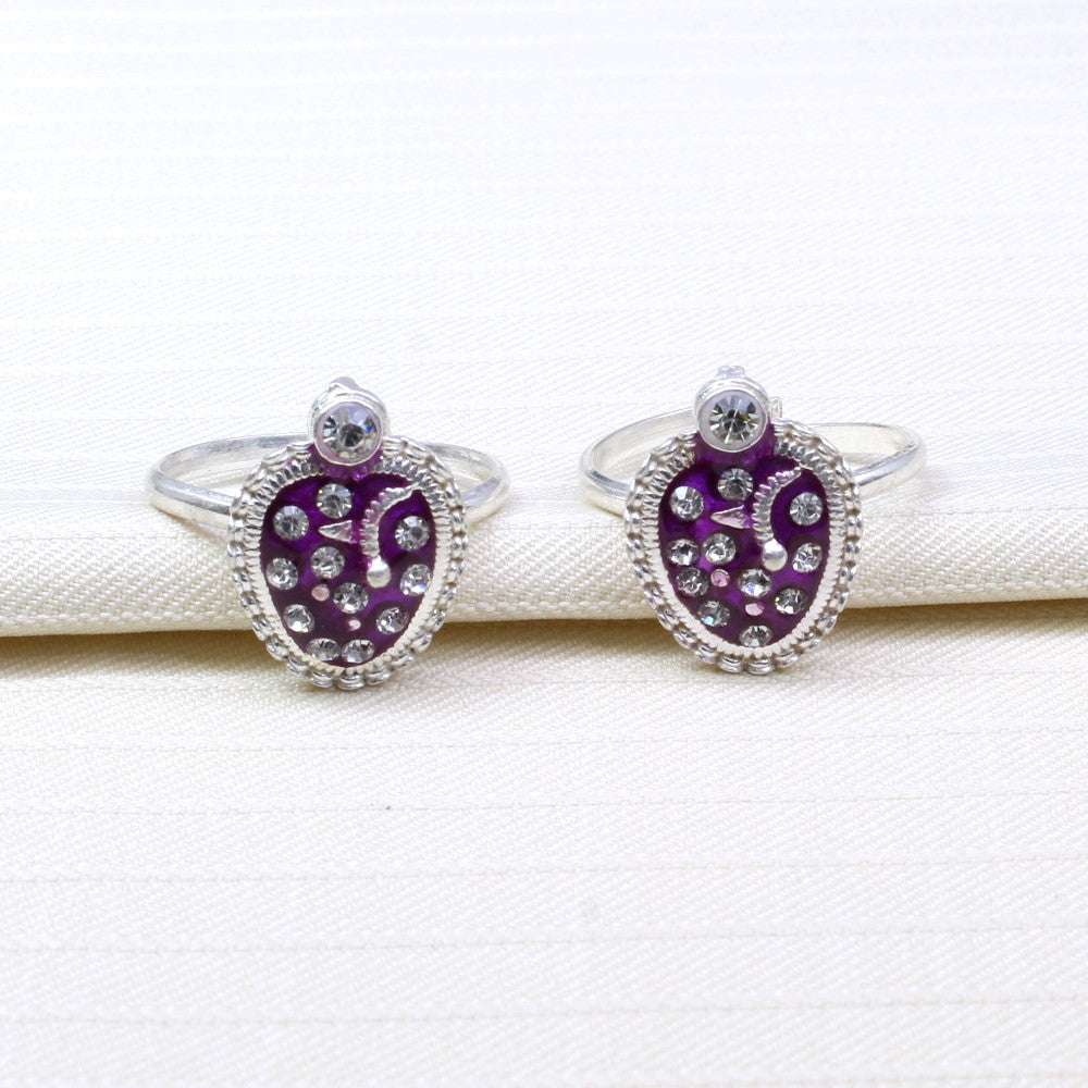 Ethnic Indian Style Handmade Crystal Enamel Toe Rings Pair Real Solid Silver