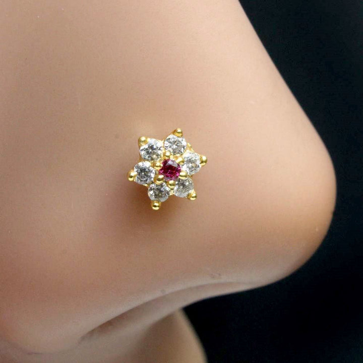 Cute Small Star Indian Style Nose ring Pink White CZ Twisted nose ring 22g - QD